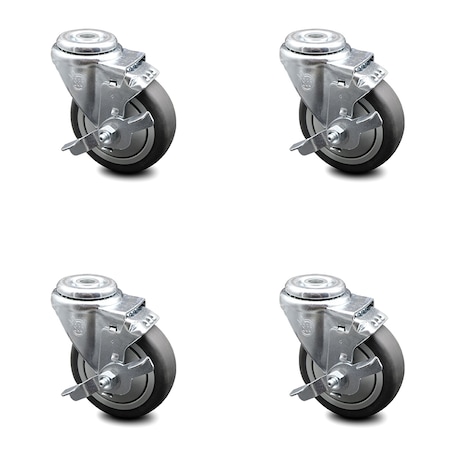 Service Caster 4 Inch Thermoplastic Rubber Wheel Swivel Bolt Hole Caster Set with Brake SCC SCC-BH20S414-TPRB-TLB-4